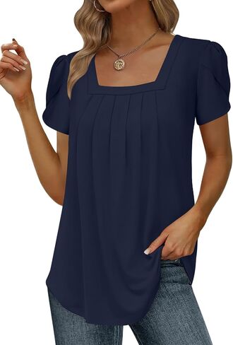 Womens Summer Tunic Tops Pleated Square Neck T Shirts Casual Petal Short Sleeve Blouses in Saudi Arabia