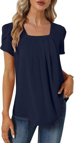 Womens Summer Tunic Tops Pleated Square Neck T Shirts Casual Petal Short Sleeve Blouses in Saudi Arabia