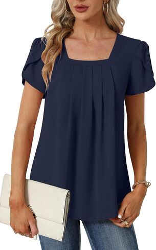 Womens Summer Tunic Tops Pleated Square Neck T Shirts Casual Petal Short Sleeve Blouses in Saudi Arabia