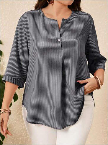 بلوزة نسائية من OYOANGLE مقاس كبير مخططة نصف كم، قميص علوي بحاشية منحنية ورقبة على شكل حرف V in Saudi Arabia