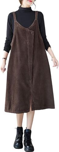 chouyatou Women's Loose Corduroy Spaghetti Strap Overall Dress A Line Flare Pinafore Midi Jumper Dress in Saudi Arabia