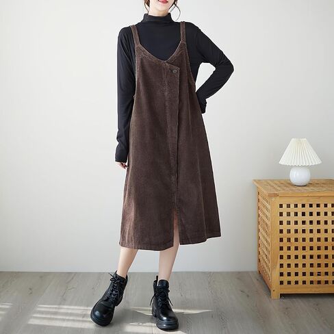 chouyatou Women's Loose Corduroy Spaghetti Strap Overall Dress A Line Flare Pinafore Midi Jumper Dress in Saudi Arabia