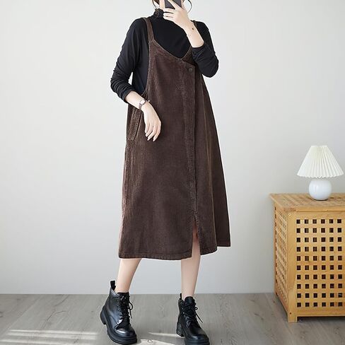 chouyatou Women's Loose Corduroy Spaghetti Strap Overall Dress A Line Flare Pinafore Midi Jumper Dress in Saudi Arabia
