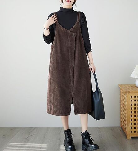 chouyatou Women's Loose Corduroy Spaghetti Strap Overall Dress A Line Flare Pinafore Midi Jumper Dress in Saudi Arabia
