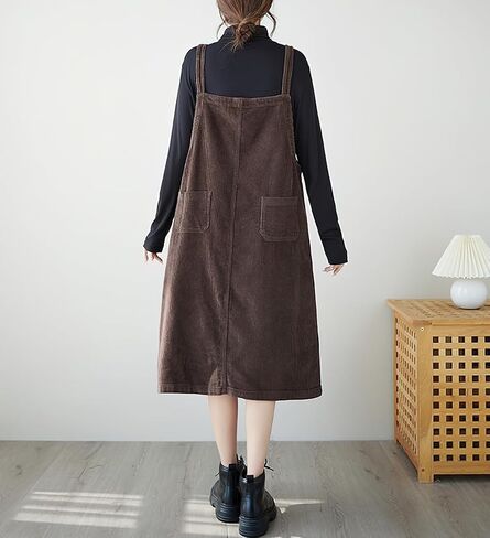 chouyatou Women's Loose Corduroy Spaghetti Strap Overall Dress A Line Flare Pinafore Midi Jumper Dress in Saudi Arabia