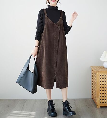 chouyatou Women's Loose Corduroy Spaghetti Strap Overall Dress A Line Flare Pinafore Midi Jumper Dress in Saudi Arabia