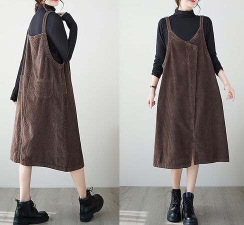 chouyatou Women's Loose Corduroy Spaghetti Strap Overall Dress A Line Flare Pinafore Midi Jumper Dress in Saudi Arabia