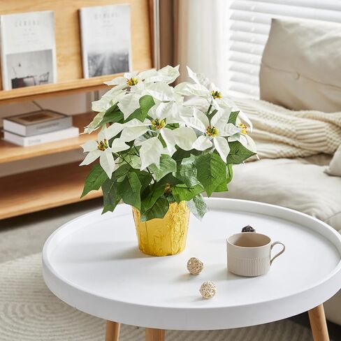 365 Blooming Decor 15" Potted Artificial White Poinsettia Flower in Golden Foil - Luxury Handmade 7 Flower Head Pre-Assembled White Christmas Flowers for Christmas Decor Front Doors Hallways in Saudi Arabia