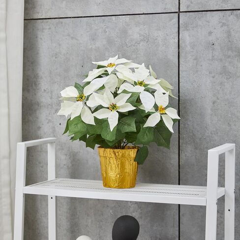 365 Blooming Decor 15" Potted Artificial White Poinsettia Flower in Golden Foil - Luxury Handmade 7 Flower Head Pre-Assembled White Christmas Flowers for Christmas Decor Front Doors Hallways in Saudi Arabia