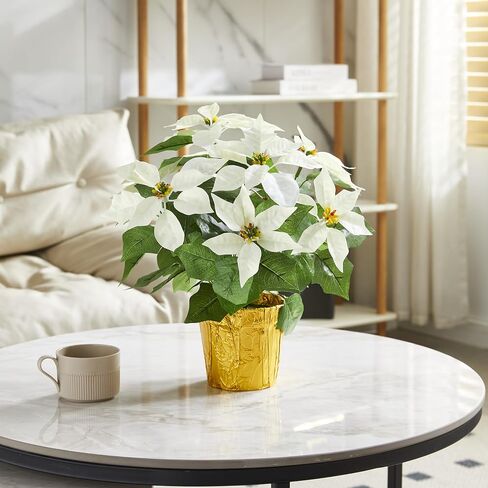 365 Blooming Decor 15" Potted Artificial White Poinsettia Flower in Golden Foil - Luxury Handmade 7 Flower Head Pre-Assembled White Christmas Flowers for Christmas Decor Front Doors Hallways in Saudi Arabia