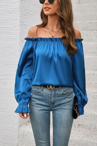 بلوزات نسائية بدون أكتاف من الحرير الساتان المكشكش بأكمام طويلة وقميص كاجوال فضفاض in Kuwait