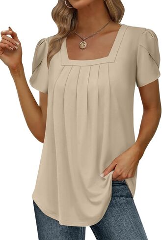 Womens Summer Tunic Tops Pleated Square Neck T Shirts Casual Petal Short Sleeve Blouses in Saudi Arabia