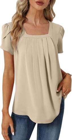 Womens Summer Tunic Tops Pleated Square Neck T Shirts Casual Petal Short Sleeve Blouses in Saudi Arabia