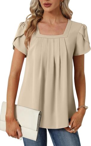 Womens Summer Tunic Tops Pleated Square Neck T Shirts Casual Petal Short Sleeve Blouses in Saudi Arabia