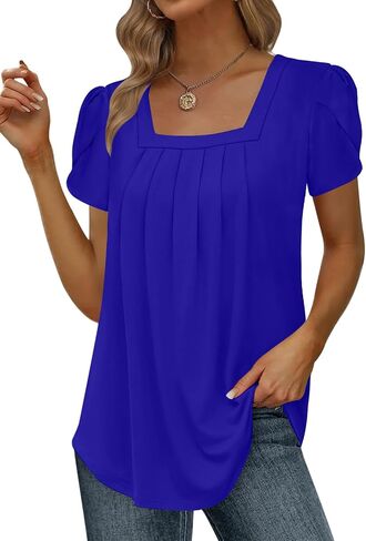 Womens Summer Tunic Tops Pleated Square Neck T Shirts Casual Petal Short Sleeve Blouses in Saudi Arabia