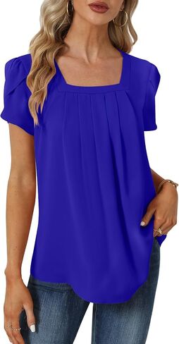 Womens Summer Tunic Tops Pleated Square Neck T Shirts Casual Petal Short Sleeve Blouses in Saudi Arabia