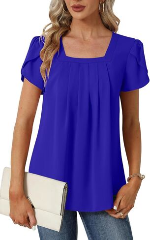 Womens Summer Tunic Tops Pleated Square Neck T Shirts Casual Petal Short Sleeve Blouses in Saudi Arabia