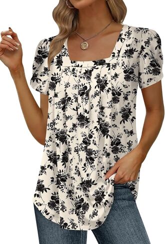 Womens Summer Tunic Tops Pleated Square Neck T Shirts Casual Petal Short Sleeve Blouses in Saudi Arabia