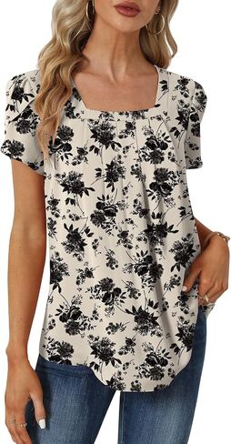 Womens Summer Tunic Tops Pleated Square Neck T Shirts Casual Petal Short Sleeve Blouses in Saudi Arabia