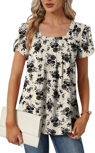 Womens Summer Tunic Tops Pleated Square Neck T Shirts Casual Petal Short Sleeve Blouses in Saudi Arabia