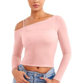 YEOREO Women Sheer Long Sleeve Crop Top Workout See Through One Shoulder Yoga T Shirts Summer Party Club Going Out Top in Kuwait