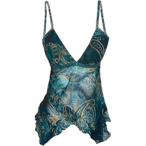 Milumia Women's Boho Paisley Ruffle Trim Sheer Mesh Cami Top V Neck Asymmetrical Hem Sheer Tops in Kuwait