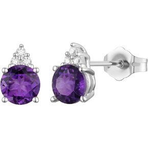 Diamonds and Genuine Gemstone Stud Earrings, 3 Natural Round Shaped Diamonds Set Above a Natural Gemstone, 14K Rose Gold/14K Gold/14K White Gold, 4.5mm Stone (0.03 cttw) in Kuwait