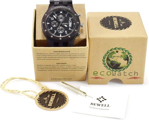 ساعة BEWELL W109D بأقراص فرعية خشبية كوارتز تناظرية وتاريخ الحركة للرجال in Kuwait