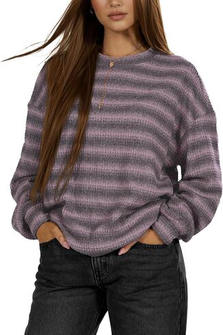 IWOLLENCE المرأة خفيفة الوزن الهراء متماسكة مخطط كم طويل بلايز Crewneck Preppy قمصان عادية فضفاض الخريف البلوزات in Kuwait