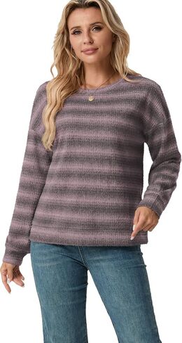 IWOLLENCE المرأة خفيفة الوزن الهراء متماسكة مخطط كم طويل بلايز Crewneck Preppy قمصان عادية فضفاض الخريف البلوزات in Kuwait