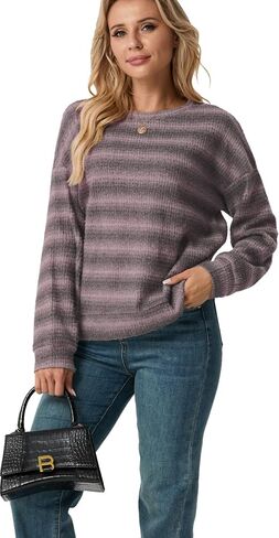 IWOLLENCE المرأة خفيفة الوزن الهراء متماسكة مخطط كم طويل بلايز Crewneck Preppy قمصان عادية فضفاض الخريف البلوزات in Kuwait