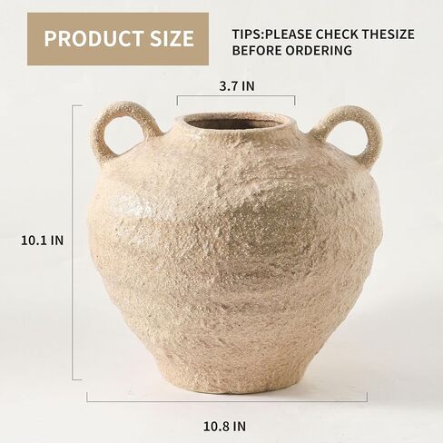 مزهرية زهور سيراميك، مزهريات مزرعة كبيرة لديكور المنزل، مزهرية ريفية مصنوعة يدويًا بمقابض، مزهرية زهور مزخرفة لمدخل المنزل وغرفة المعيشة وطاولة الطعام وديكور مكتب المزرعة (10.1 بوصة) in Kuwait