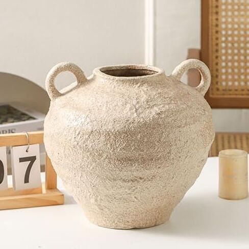 مزهرية زهور سيراميك، مزهريات مزرعة كبيرة لديكور المنزل، مزهرية ريفية مصنوعة يدويًا بمقابض، مزهرية زهور مزخرفة لمدخل المنزل وغرفة المعيشة وطاولة الطعام وديكور مكتب المزرعة (10.1 بوصة) in Kuwait