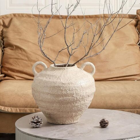 مزهرية زهور سيراميك، مزهريات مزرعة كبيرة لديكور المنزل، مزهرية ريفية مصنوعة يدويًا بمقابض، مزهرية زهور مزخرفة لمدخل المنزل وغرفة المعيشة وطاولة الطعام وديكور مكتب المزرعة (10.1 بوصة) in Kuwait