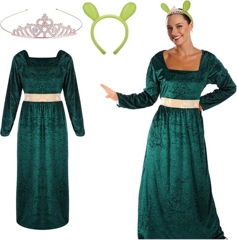 Mepase 3 Pcs Halloween Green Princess Costume for Women Green Dress Ogre Ears Headband and Crown for Monsters Princess Cosplay Halloween Party Dress up Accessories in Saudi Arabia
