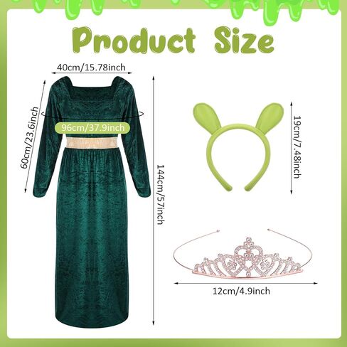 Mepase 3 Pcs Halloween Green Princess Costume for Women Green Dress Ogre Ears Headband and Crown for Monsters Princess Cosplay Halloween Party Dress up Accessories in Saudi Arabia