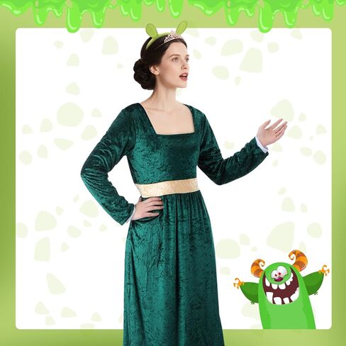 Mepase 3 Pcs Halloween Green Princess Costume for Women Green Dress Ogre Ears Headband and Crown for Monsters Princess Cosplay Halloween Party Dress up Accessories in Saudi Arabia