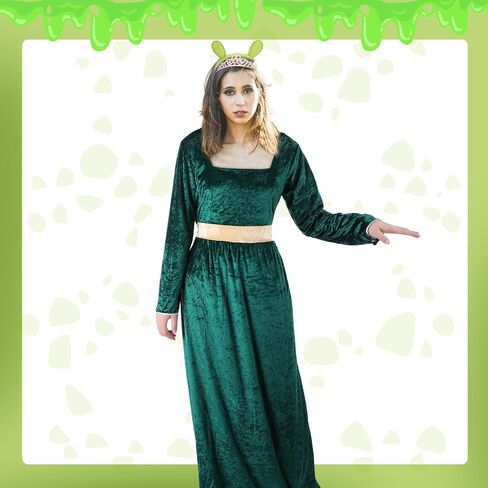 Mepase 3 Pcs Halloween Green Princess Costume for Women Green Dress Ogre Ears Headband and Crown for Monsters Princess Cosplay Halloween Party Dress up Accessories in Saudi Arabia