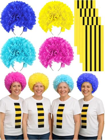 4 Set Halloween Colorful Hair Puff Cosplay Kit Includes Black Headbands, Tissue Pom Poms, Striped Stickers, and Double Sided Tape for Men and Women DIY Halloween Cosplay Group Costume in Saudi Arabia