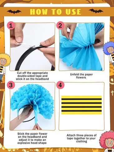 4 Set Halloween Colorful Hair Puff Cosplay Kit Includes Black Headbands, Tissue Pom Poms, Striped Stickers, and Double Sided Tape for Men and Women DIY Halloween Cosplay Group Costume in Saudi Arabia