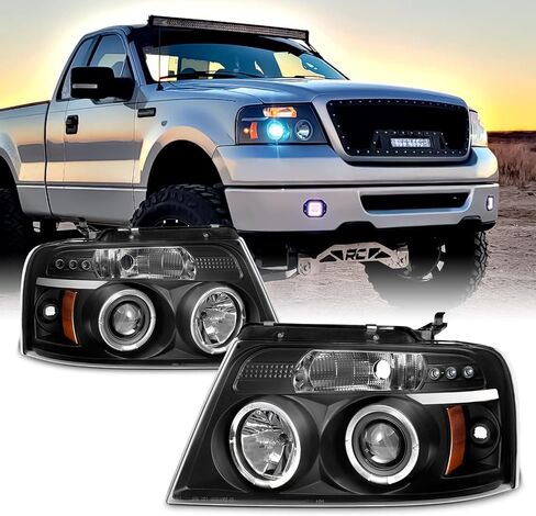 AKKON - لـ 04-08 Ford F150 F-150 بيك اب إطار أسود مزدوج هالو LED G2 المصابيح الأمامية لجهاز العرض استبدال المصابيح الأمامية in Saudi Arabia