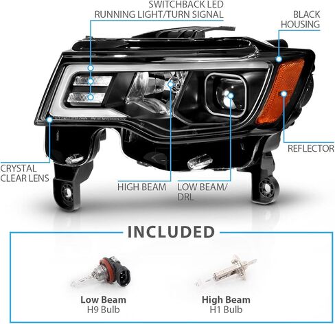 AmeriLite for 2017-2022 Jeep Grand Cherokee Switchback LED Bar Square Projector Black Headlights Assembly Set- Passenger and Driver Side in Saudi Arabia