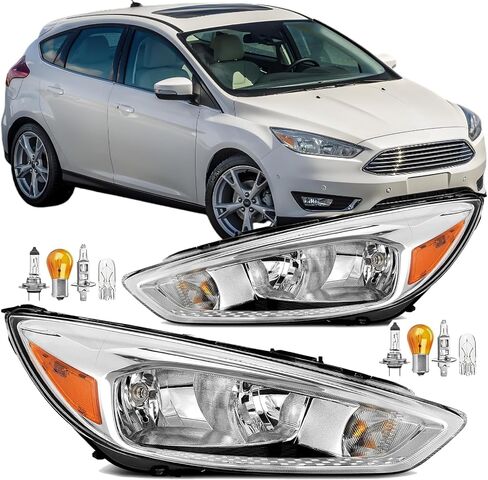 2PCS Headlights Assembly With Bulbs For 2012 2013 2014 Ford Focus SE SEL Titanium Base Hatchback Sedan Replacement Halogen Headlamps Driver and Psaaenger Side Chrome Housing Amber Reflector in Saudi Arabia
