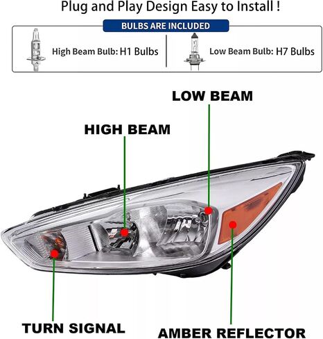 2PCS Headlights Assembly With Bulbs For 2012 2013 2014 Ford Focus SE SEL Titanium Base Hatchback Sedan Replacement Halogen Headlamps Driver and Psaaenger Side Chrome Housing Amber Reflector in Saudi Arabia