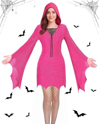 2 Pcs Halloween Ghost Costume Accessories for Women, Hot Pink Hooded Bat Sleeve Long Dress with Fishnets Stockings in Saudi Arabia