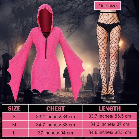 2 Pcs Halloween Ghost Costume Accessories for Women, Hot Pink Hooded Bat Sleeve Long Dress with Fishnets Stockings in Saudi Arabia