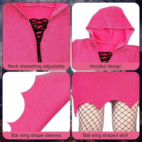 2 Pcs Halloween Ghost Costume Accessories for Women, Hot Pink Hooded Bat Sleeve Long Dress with Fishnets Stockings in Saudi Arabia
