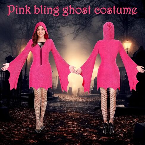 2 Pcs Halloween Ghost Costume Accessories for Women, Hot Pink Hooded Bat Sleeve Long Dress with Fishnets Stockings in Saudi Arabia