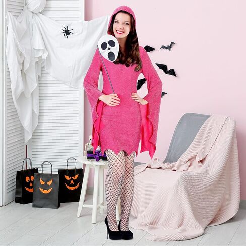 2 Pcs Halloween Ghost Costume Accessories for Women, Hot Pink Hooded Bat Sleeve Long Dress with Fishnets Stockings in Saudi Arabia