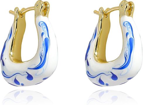 Vintage Ceramic Porcelain Hoop Earrings for Women, Elegant Blue White Enamel Ceramic Pattern Huggie Earring, Hypoallergenic Creative Jewelry Gift Trendy Accessories in Saudi Arabia